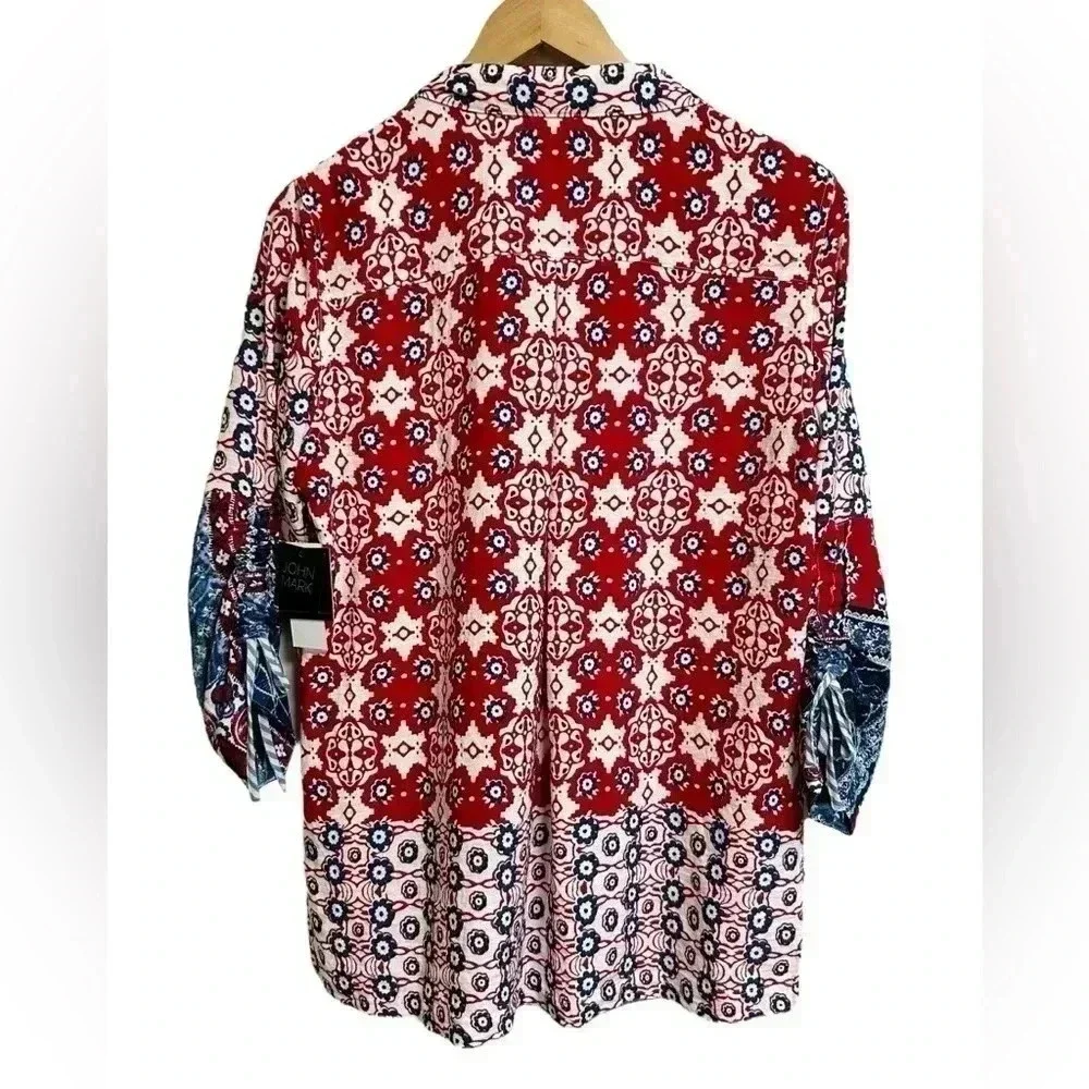 John Mark Women's Floral Red White Blue Top Boho Tunic 3/4 Sleeve Sz S NWT - Picture 5 of 10